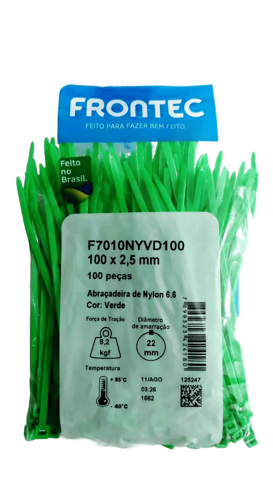 100 Abraçadeiras de Nylon 6.6 verdes 100 x 2,5 mm FRNYVD100