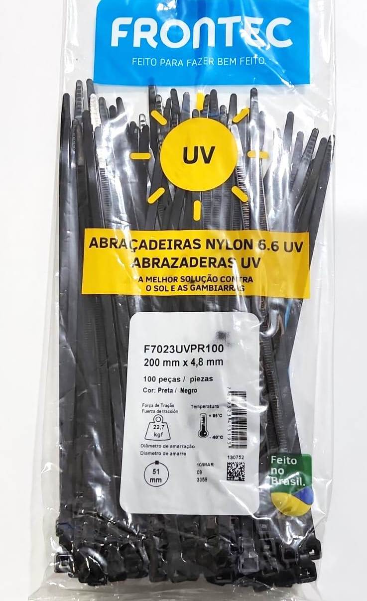 100 Abraçadeiras plásticas Resistente Raios Ultravioleta UV Preta 200x4,8 mm