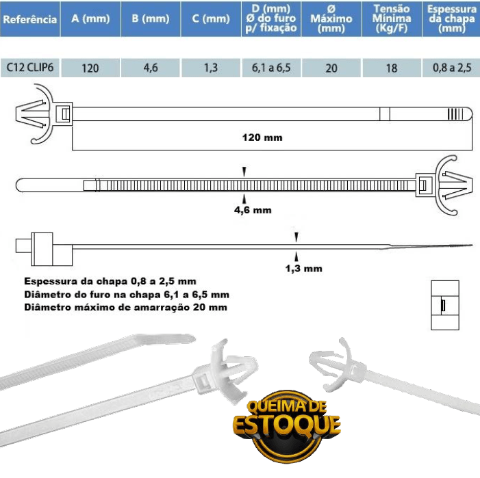 Abracadeira Plastica Nylon Clip 6 mm 1.3 x 4.6 x 120 mm 200 Pcs