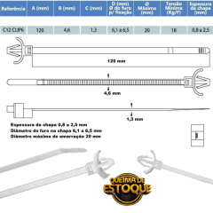 Abracadeira Plastica Nylon Clip 6 mm 1.3 x 4.6 x 120 mm 200 Pcs